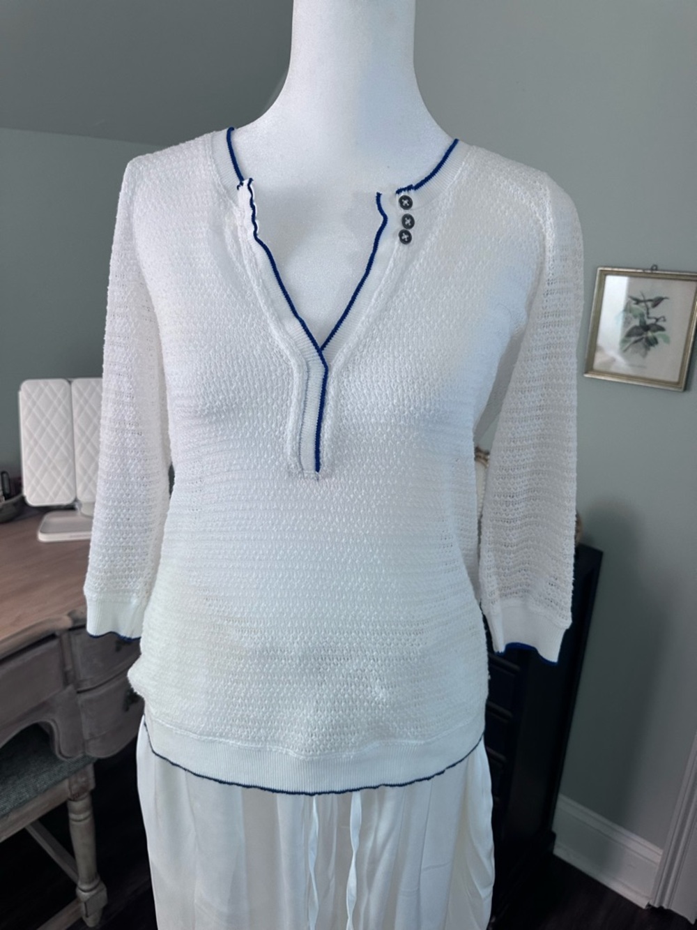 Anthropologie White Knit Top with Navy Trim